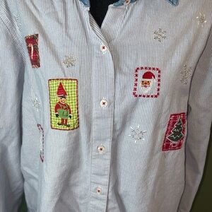 Vintage XL Christmas Shirt Long Sleeve Cotton Embroidered Santa Elf Tree